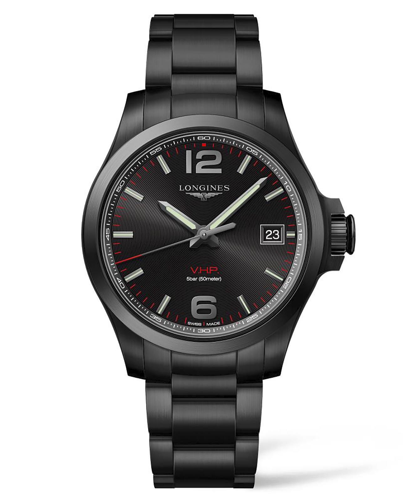 Longines Longines Conquest V.H.P. L3.716.2.56.6  L37162566 кварцевые мужские часы черный циферблат, браслет сталь c pvd покрытием — вид спереди